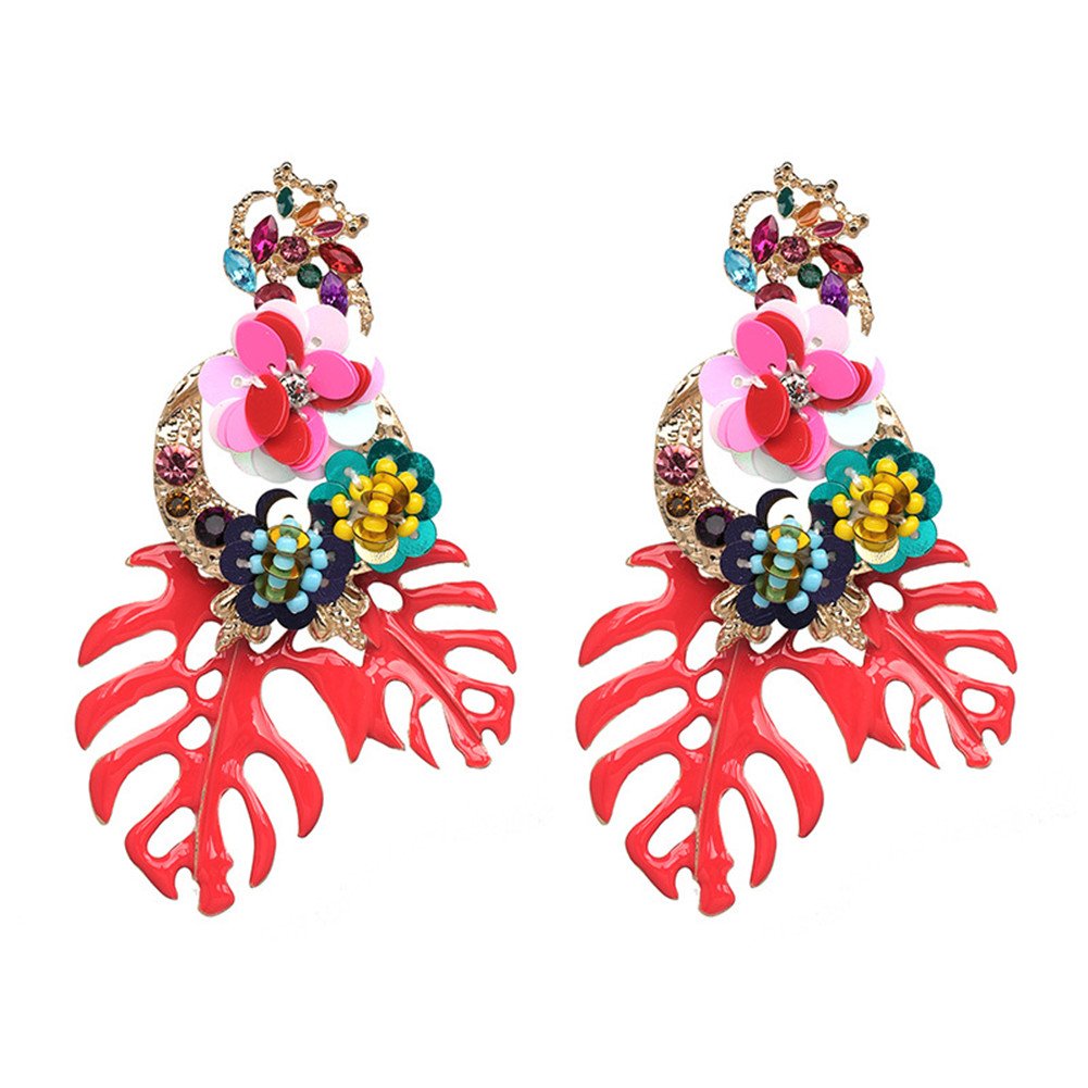 luremeGorgeous Colorful Sequin Flower Floral Leaf Stud Earrings for Women and Girls (er006023) (Red), Metal, Agate