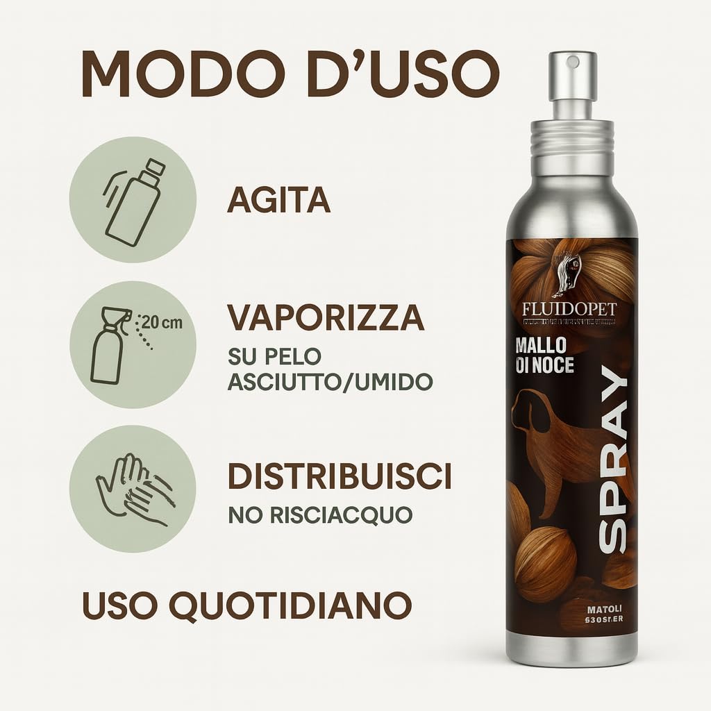 Spray al Mallo di Noce | Ravvivante colore per Manti Neri, Marroni e Scuri – Effetto Naturale e Brillante – Lucidante Professionale per Pelo Cane (150ml)