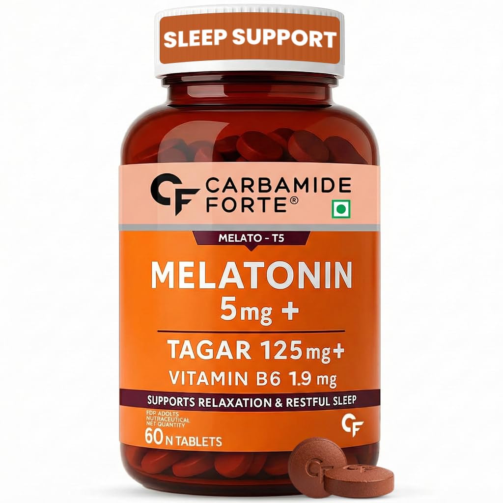 Melatonin 5mg Sleep Tablets – Sleeping Pills with 125mg Tagar & Vitamin B6 for Deep Sleep, Restful Nights, and Effective Sleep Dose | for Women & Men – 60 Veg Tablets