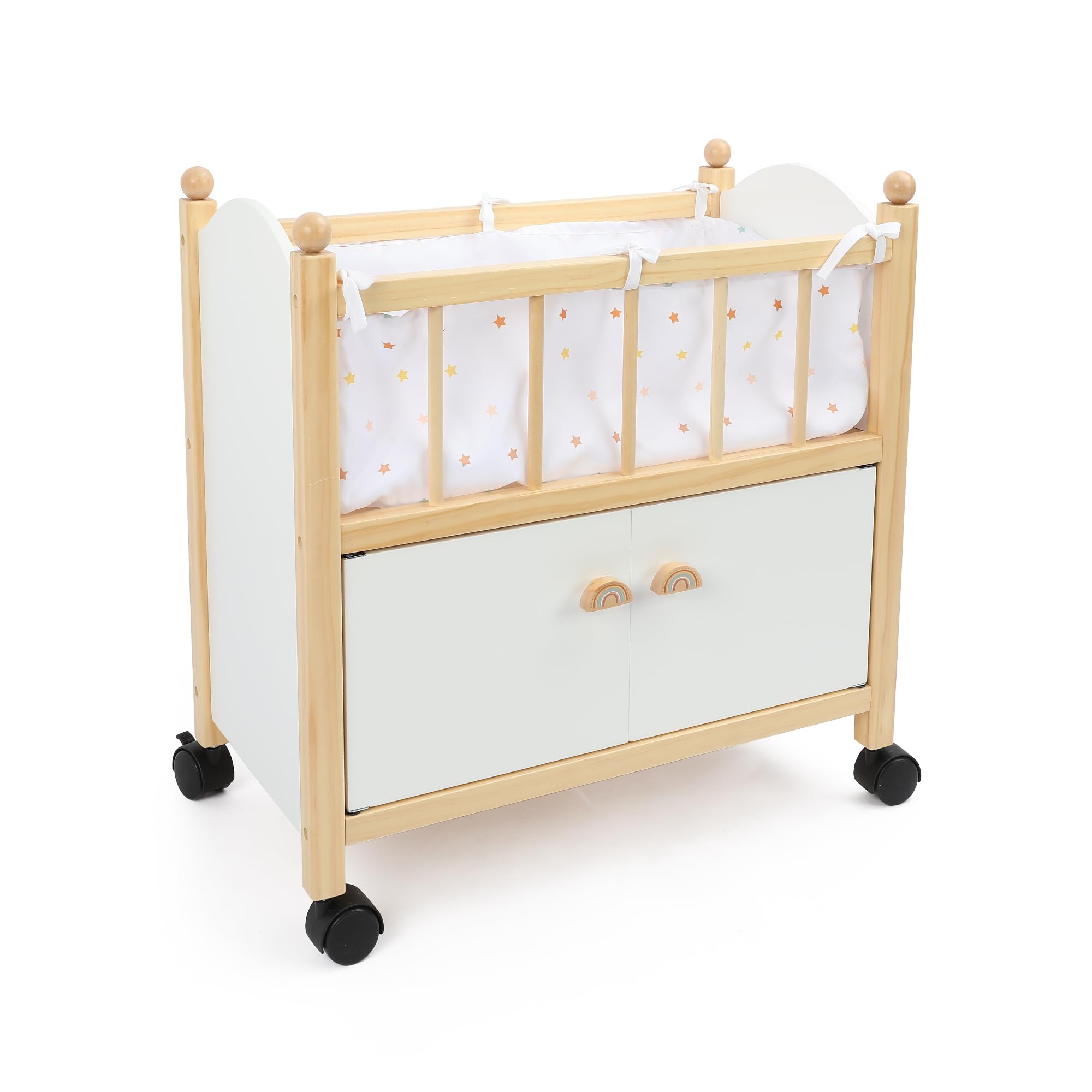 WoddyGo Wooden Doll Bed with Storage, Wheels & Bedding – Rolling Doll Crib with Built-in Storage for Toys, Pretend Play Doll Furniture for 18 Inch Dolls