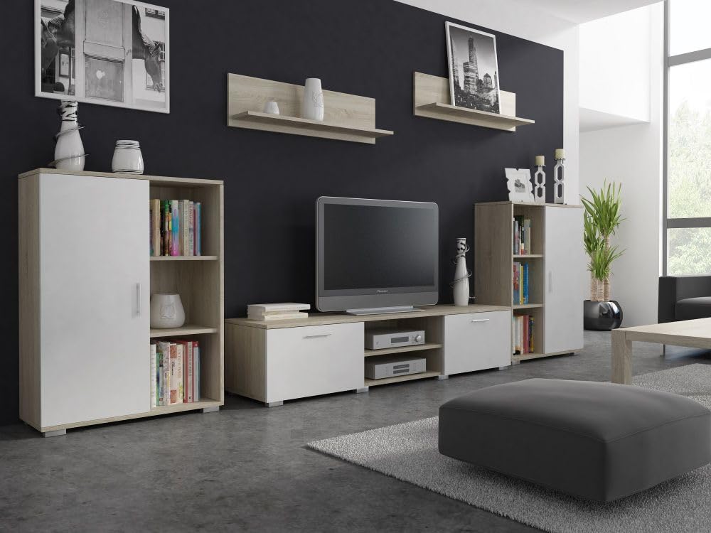 Per la vita Wohnwand Herkules, Schrankwand Wohnzimmer Modern, Wohnzimmerschrank mit Fernsehtisch, Sideboard und Wandregal Wohnzimmer Komplett Möbel - Sonoma/Weiß