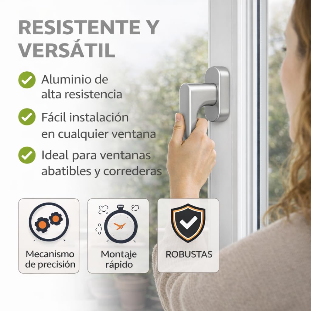 Confezione da 4 maniglie per finestra multipunto in alluminio argento – maniglia per finestre oscillanti e praticabili | Quadretto 7 mm universale | Maniglia resistente (4, argento opaco