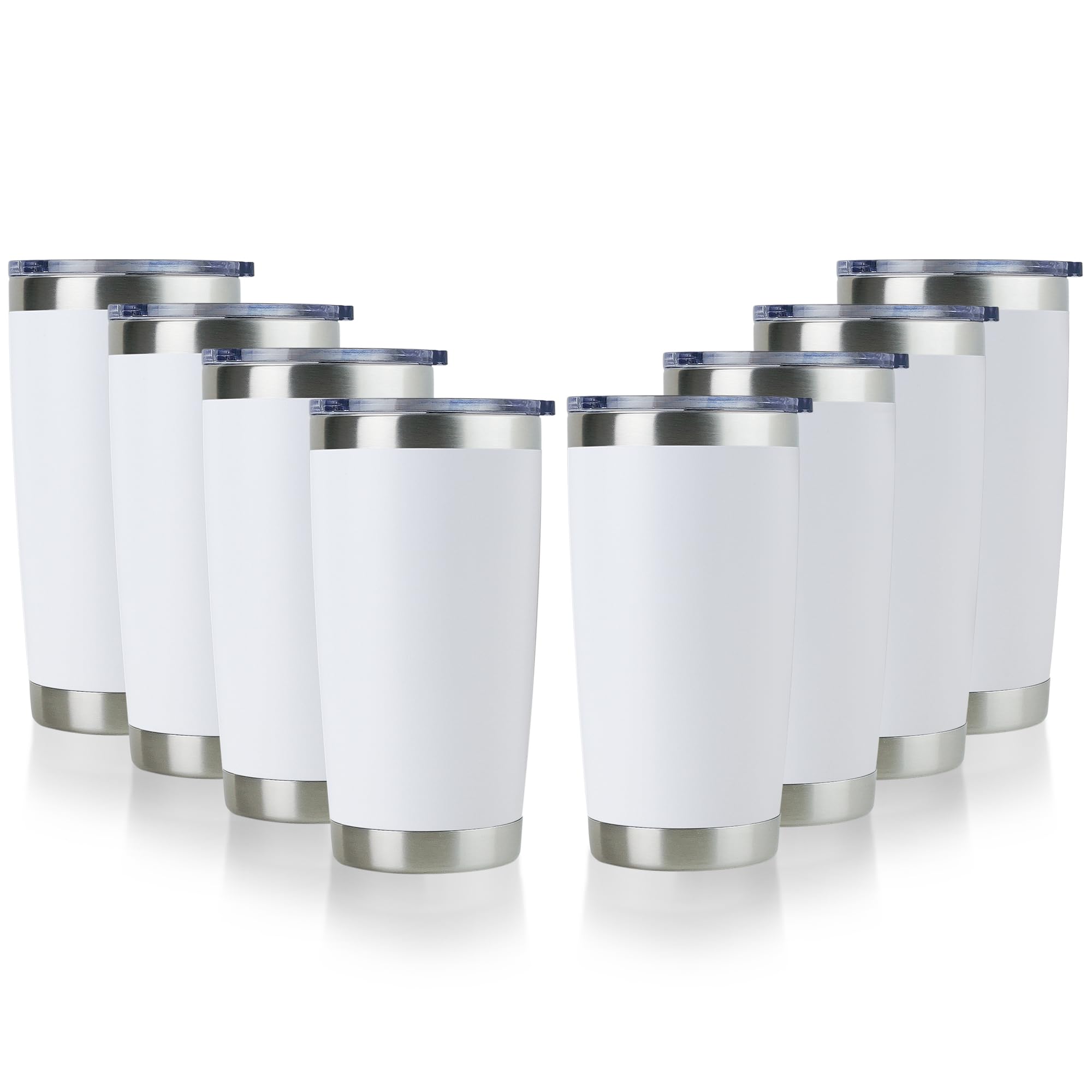 DOMICARE 20oz Stainless Steel Tumbler Bulk with Lid, Double Wall Vacuum Insulated Travel Mug, Powder Coated Coffee Cup, Powder White, 8 Pack