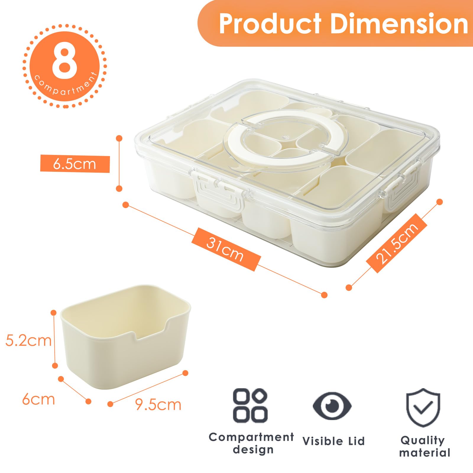 Plateau De Service Divisé Avec Couvercle Et Poignée, Plateau De Collation Portable Avec 8 Compartiments, Plats De Service Divisés Pour Apéritifs, Plats Amovibles Pour Noix, épices, Fruits, Collations