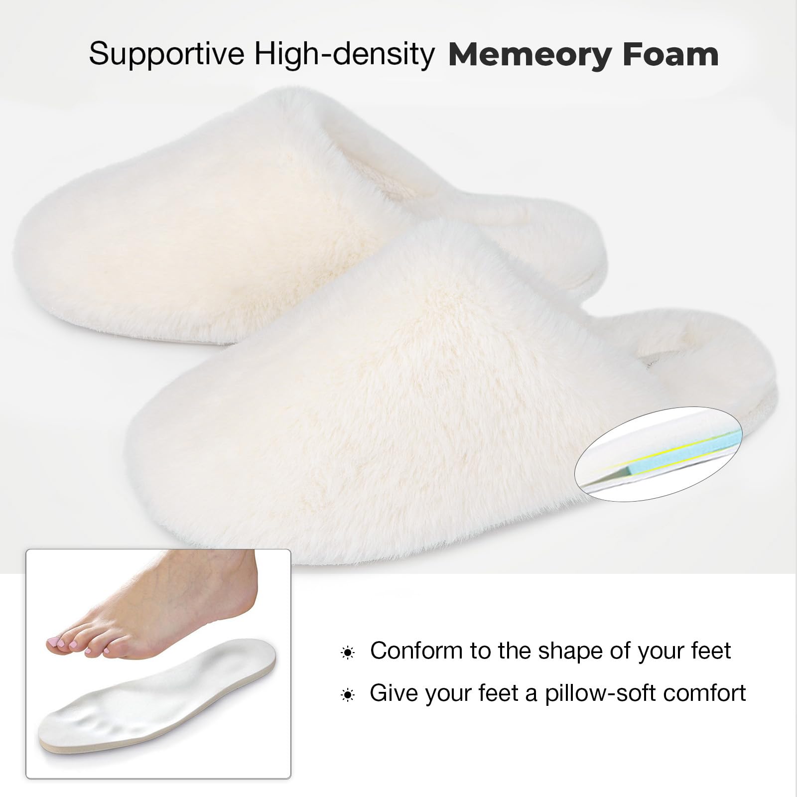 Snug Leaves Women's Fuzzy Scuff Slippers Soft Comfy Memory Foam Non-slip Indoor House Shoes: 9-10 Cream White