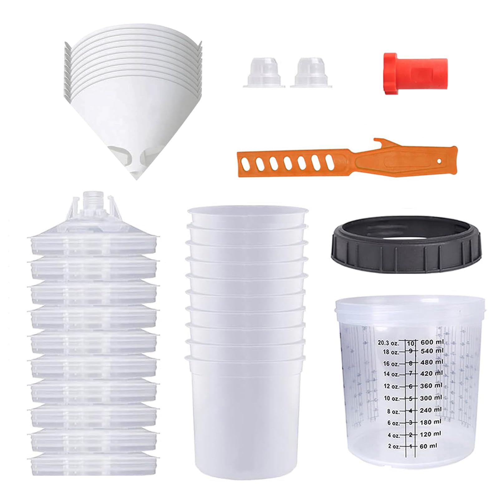 Disposable Paint Cups for Spray Gun, 20 Ounce (600ml) Paint System with 10 Cups and Lids, 1 Hard Cup with Retainer Ring, 10 Paint Strainers, 2 Plugs and 1 Paint Stirrer for LVLP HVLP Spary Gun (10)