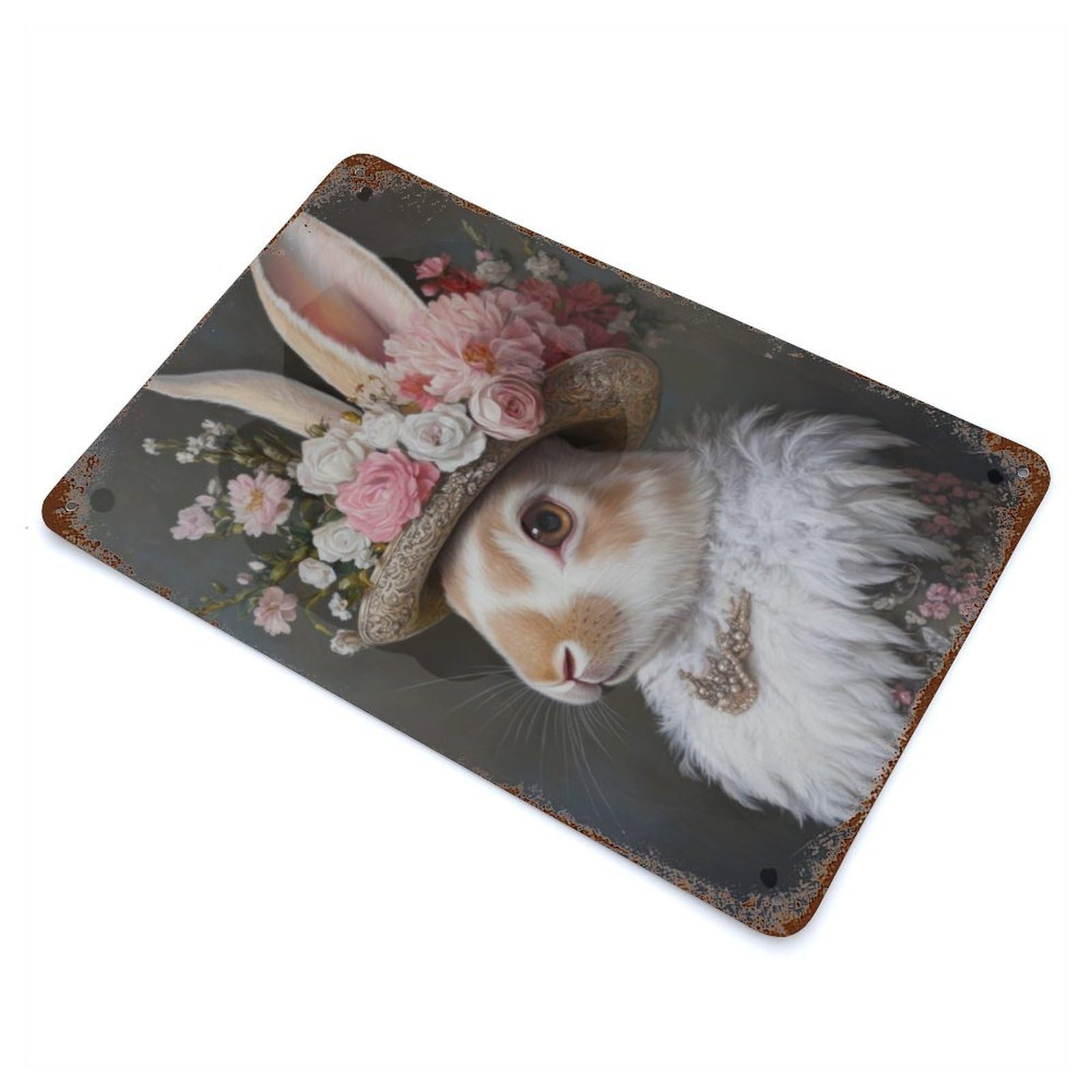 Rabbit in A Floral Hat Retro Metal Sign 11.8"x7.9", for Garage, Bar And Workshop Decor, Shabby Chic Decor