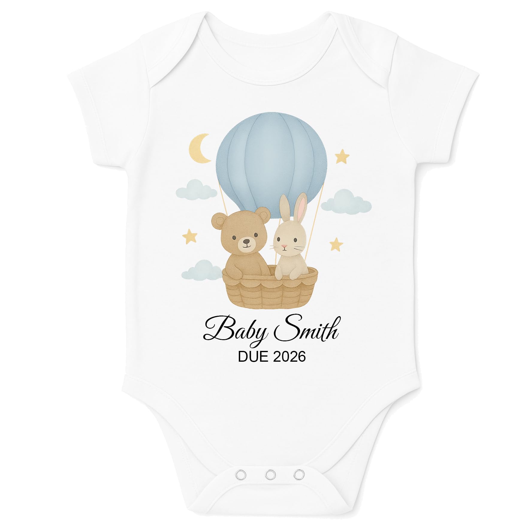 Personalised Baby Pregnancy Announcement Hot Air Balloon Bodysuit Vest (Blue, 0-3 Months)