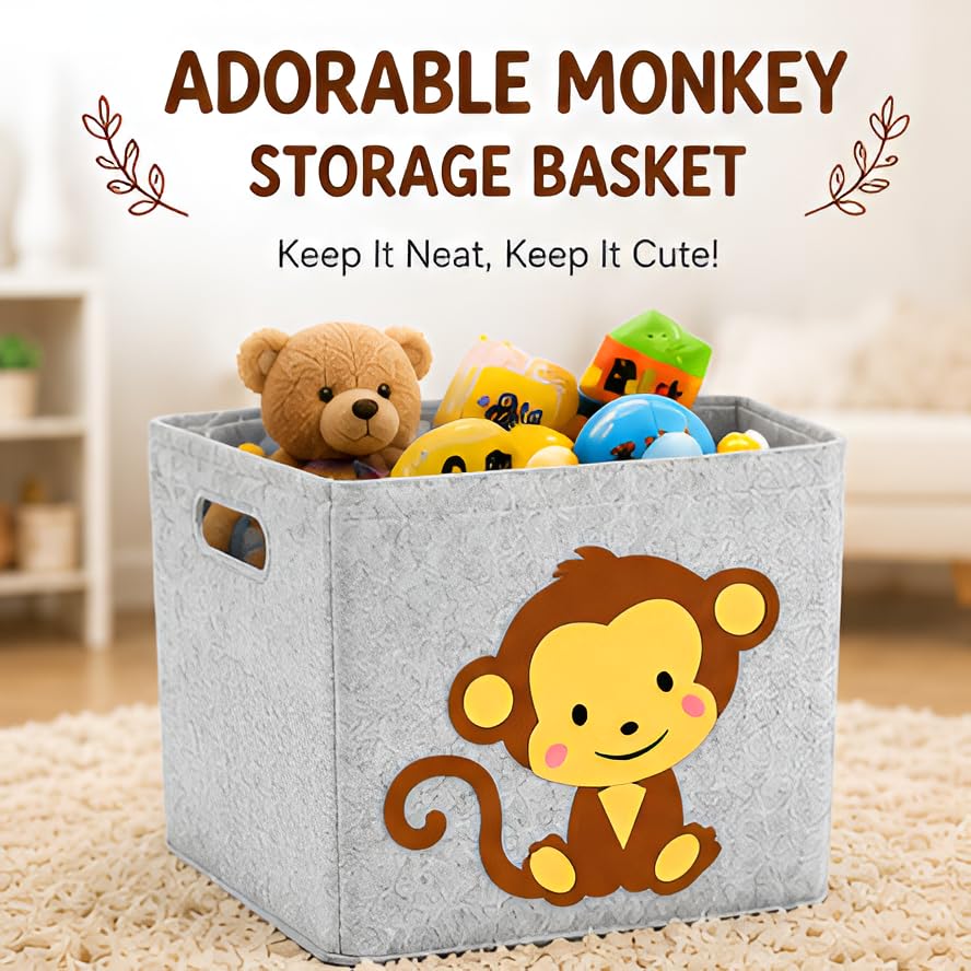 Image of Foldable Storage Box for Kids - Cartoon Animal Foldable Organizer Bin for Toys, Books & Clothes (Monkey)
