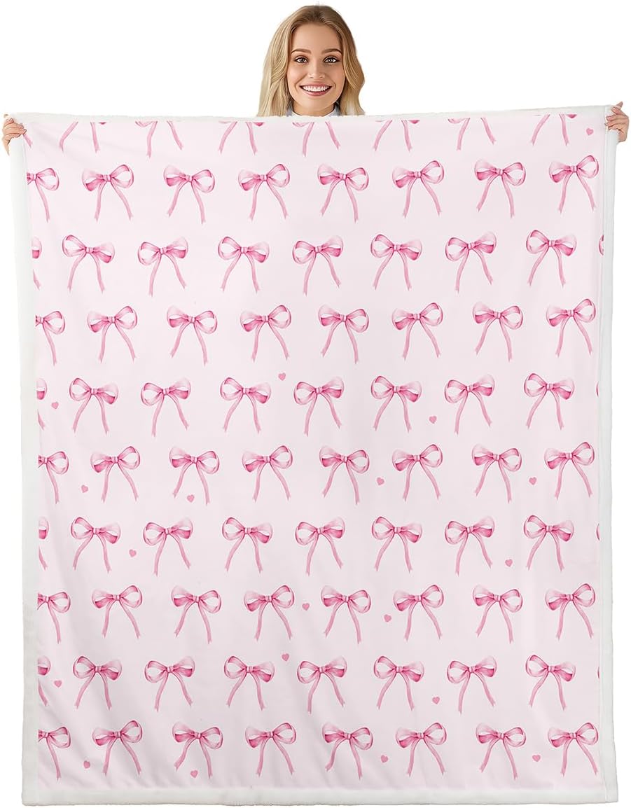 Erosebridal Kawaii Bowknot Fleece Throw Blanket for Kids Girls Boys Pink Bow Sherpa Blanket Baby Size,Girly Dreamy Princess Fuzzy Plush Coquette Ribbon Tie Toddler Blankets for Bedroom Living Room