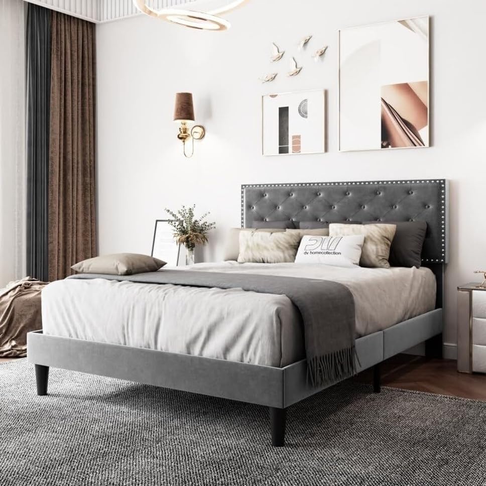Image of Wooden Modern Upholstered Queen Size Bed for Bedroom | Wooden Double Bed Without Storage | Platform Cot Upholstered Bed with Upholstery Fabric | Engineered Wood | 6.5 x 5 Ft | Grey Kylian