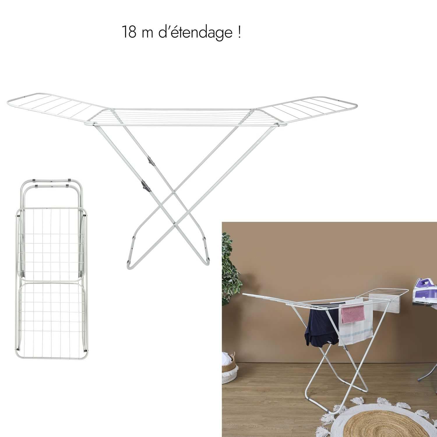 Étendoir à Linge Accordéon 18 m Pliable Blanc | Acier inoxydable, étendoir à linge accordéon, 18 mètres d'étendage, design compact et pliable, buanderie, blanc