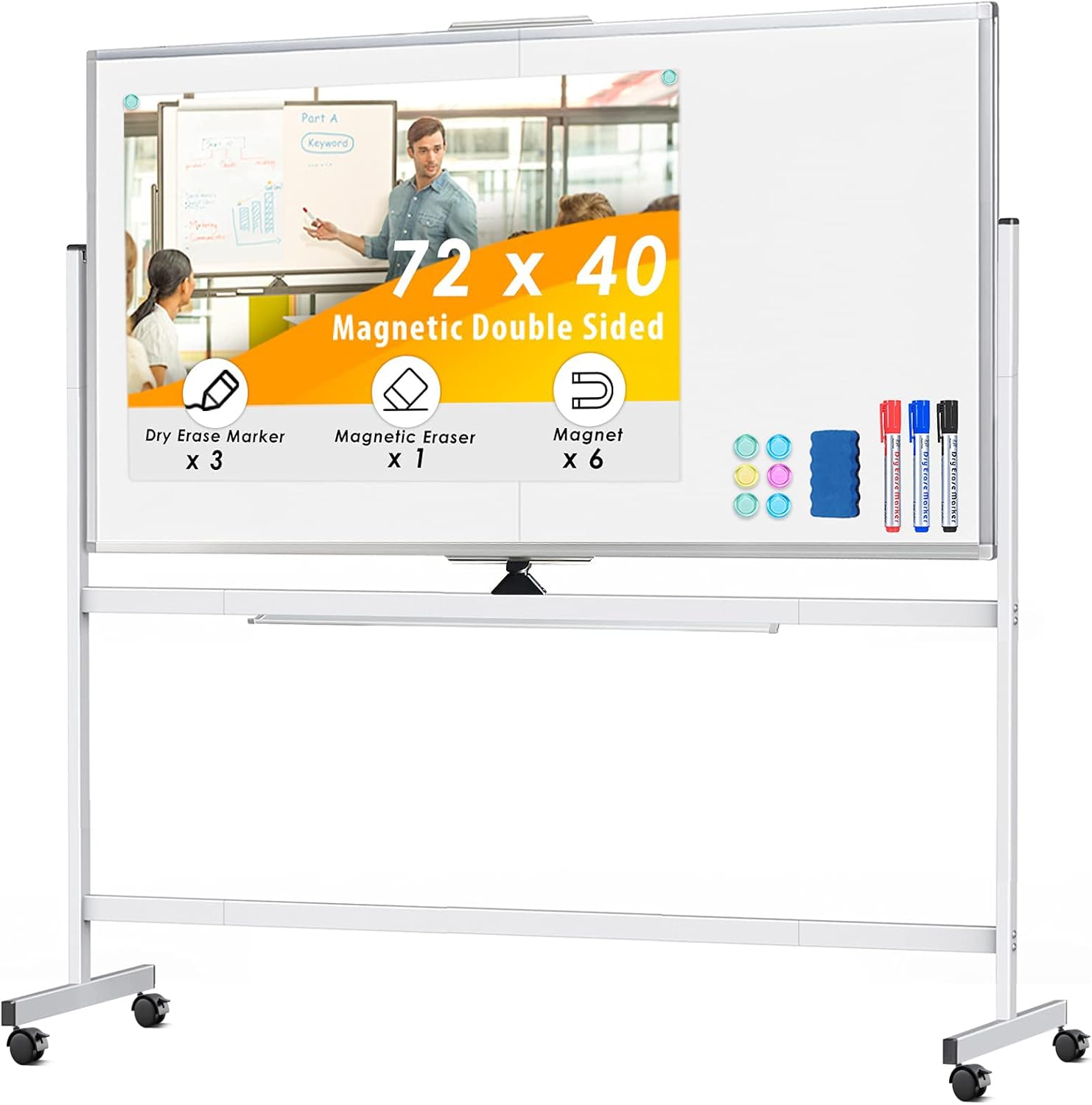 72 x 40 Inches Double Sided Rolling Whiteboard, Mobile Whiteboard