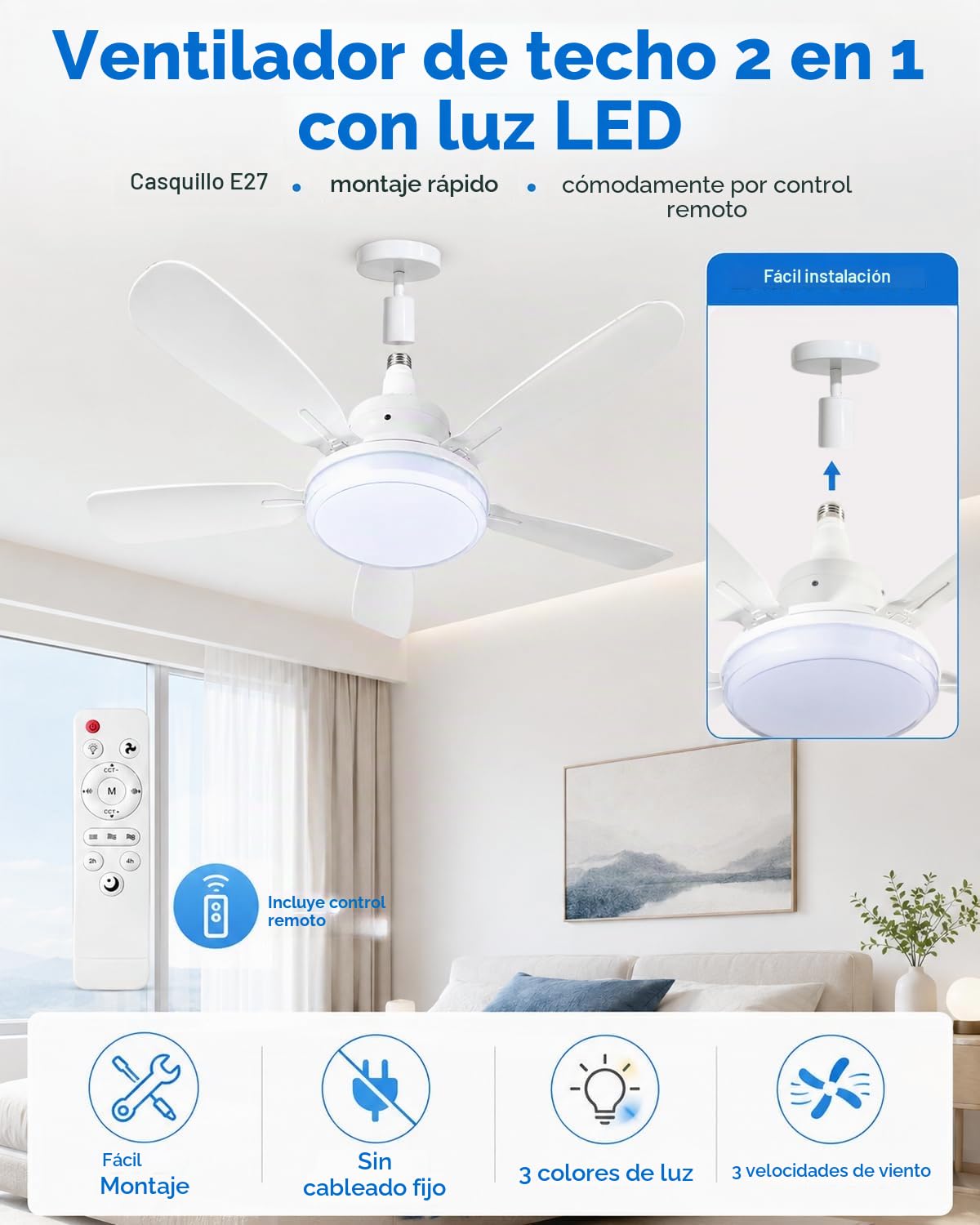 Ventilador de Techo con Luz y Mando a Distancia, E27