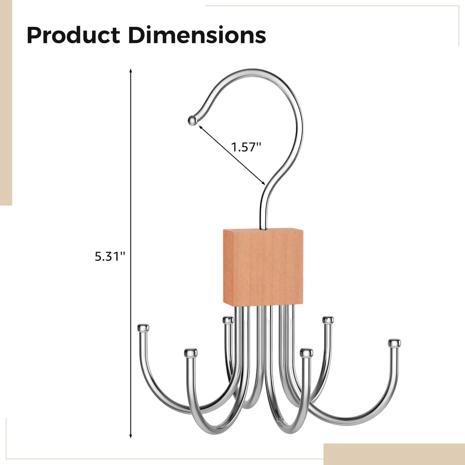 2-Piece Wooden and Stainless Steel Rotating Tie Hanger, Hat and Scarf Organizer with Hooks