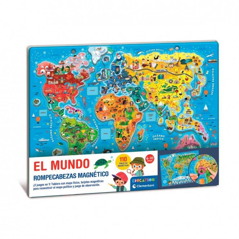 Clementoni Education, Le Monde - Puzzle magnétique, Carte Physique et Politique avec Jeu d'observation, 110 Cartes magnétiques, âge 6-10 Ans, 55659
