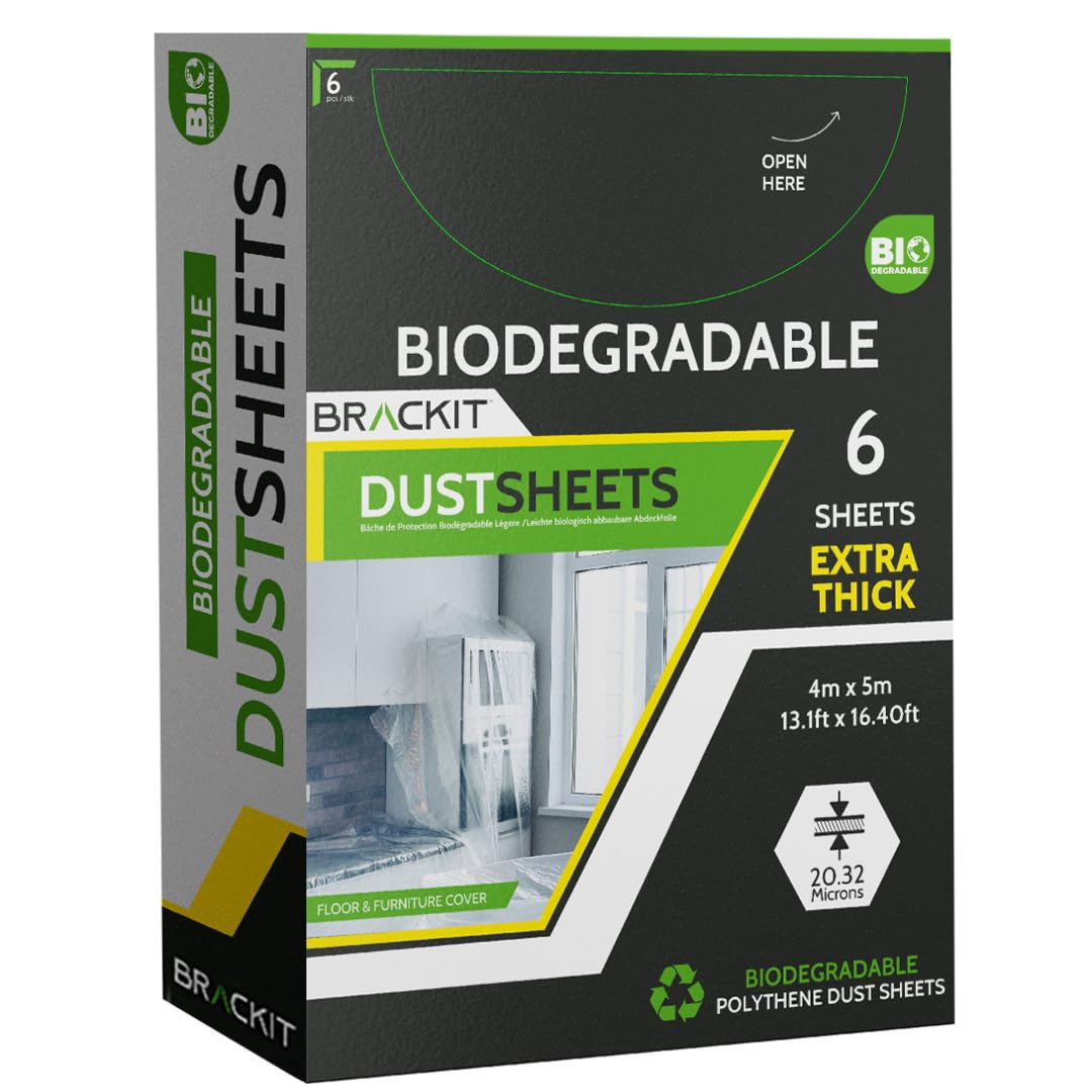 6-Pack Biodegradable Large Plastic Dust Sheets for Decorating - 2.7m x 3.6m (12ftx 9ft) - 20 Micron - Embossed White Sheets for Painting - Waterproof Plastic Sheets for Painting & Covering