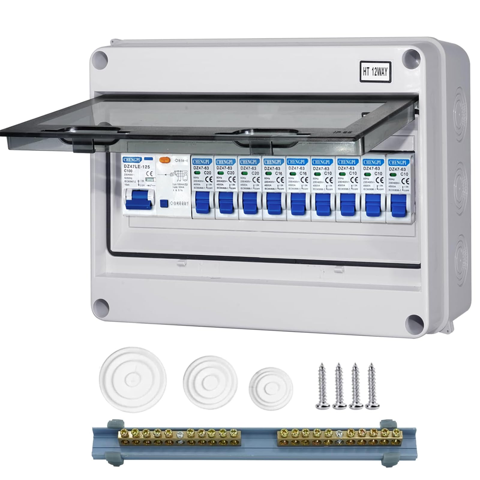 Caja de fusibles, IP65, distribuidor pequeño distribuidor, caja de distribución para casa/oficina/centro comercial, disyuntor de 100 A, interruptor de aire, 4 x 10 A+3 x 16 A+2 x 20 A/12