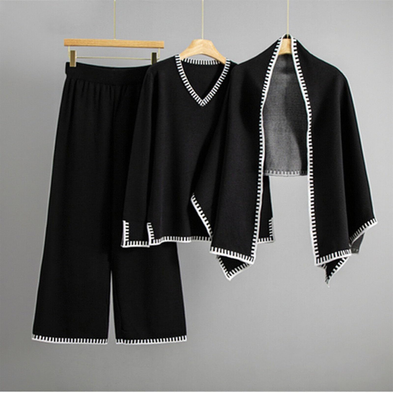 Set da salotto da donna 3 pezzi abiti da viaggio lavorati a maglia a maniche lunghe con scollo a V maglione top gamba larga pantaloni lunghi mantello a pipistrello casual tute larghe eleganti