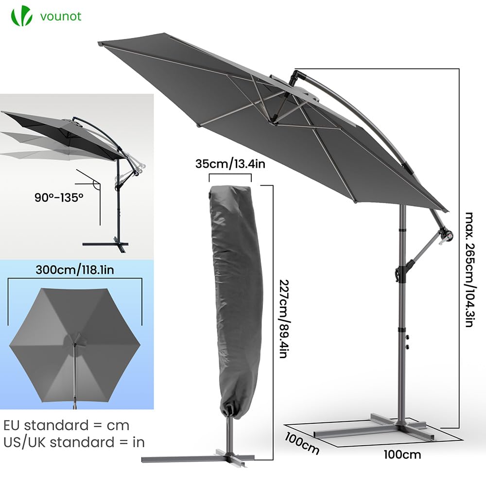 Parasol déporté inclinable rond 3x3 Noir + Housse
