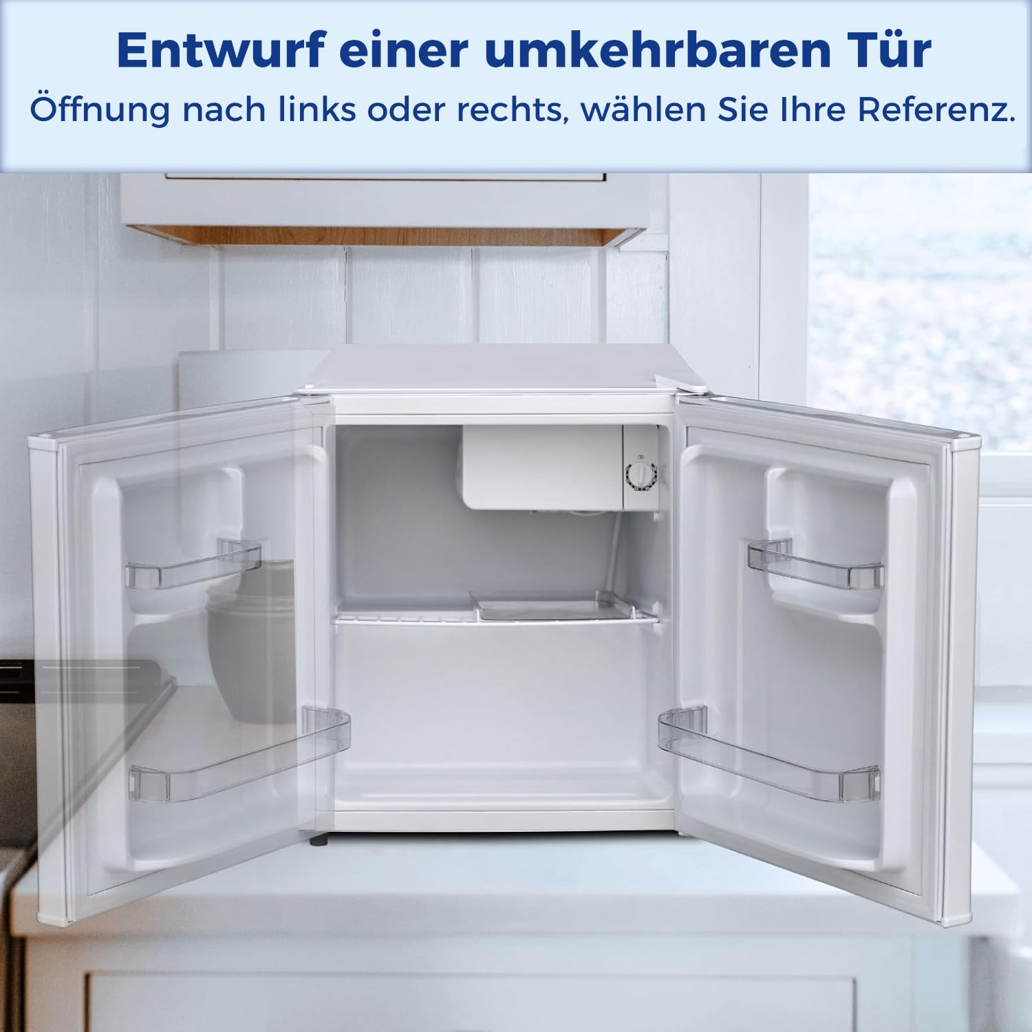 Smad Mini Kühlschrank 45L, Kühlschrank Klein, 230V, Kleiner Leiser Kühlschrank mit Umkehrbarer Tür, Minikühlschrank, Temperaturregelung 0–10 °C, Minibar für Schlafzimmer, Büro, Hotel, Wohnzimmer, Weiß