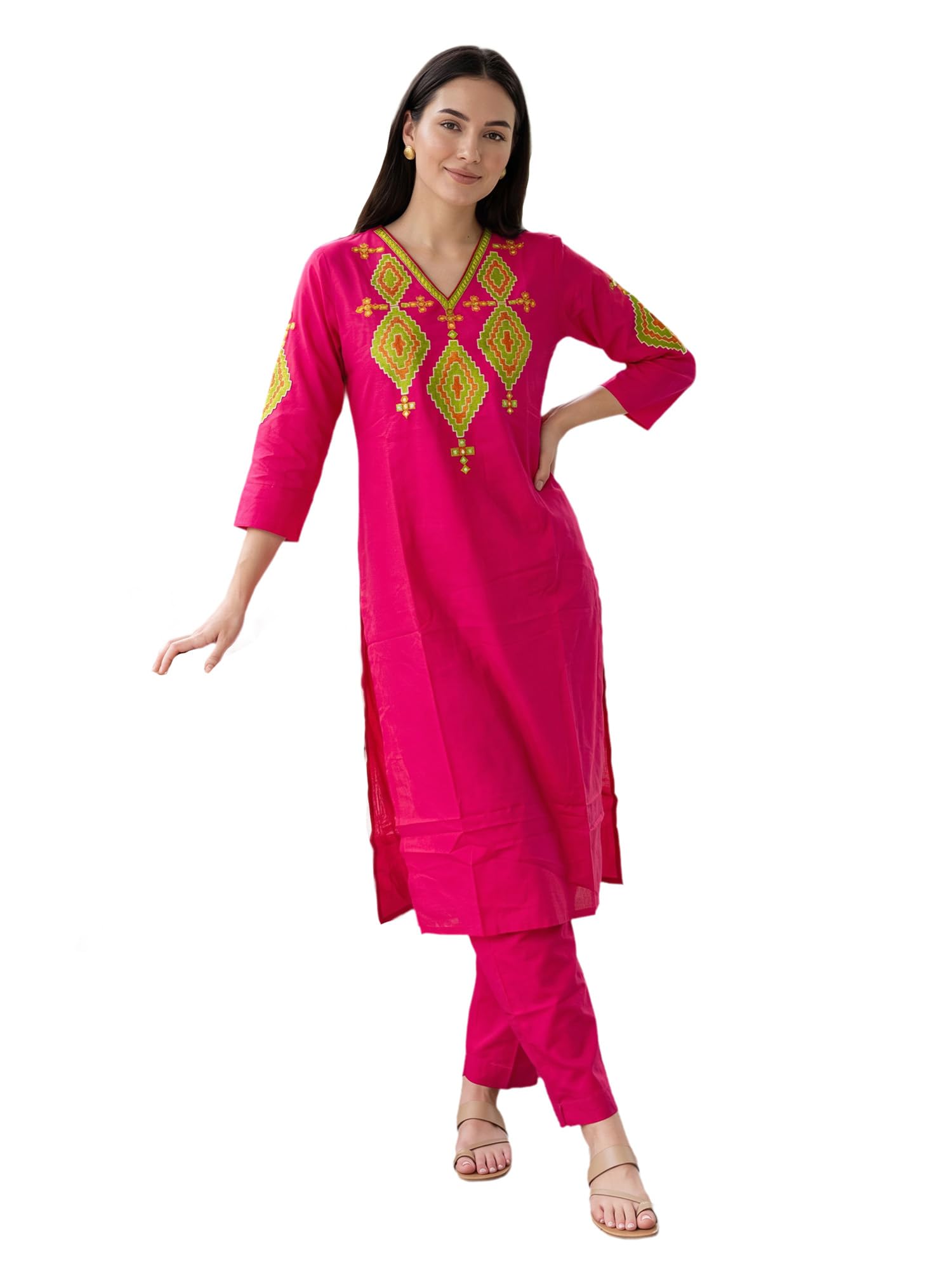 indo era Women's Pure Cotton Geometric Embroidered Thread Work Kurta & Pant Set | Co Ord Set For Women Stylish-picture-42