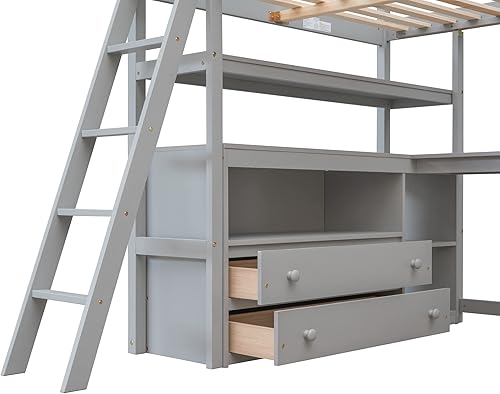 Miniatura 62 de Cama alta funcional tamaño individual con 2 cajones y 2 armarios, base de cama de madera maciza con barandilla de seguridad y escalera de