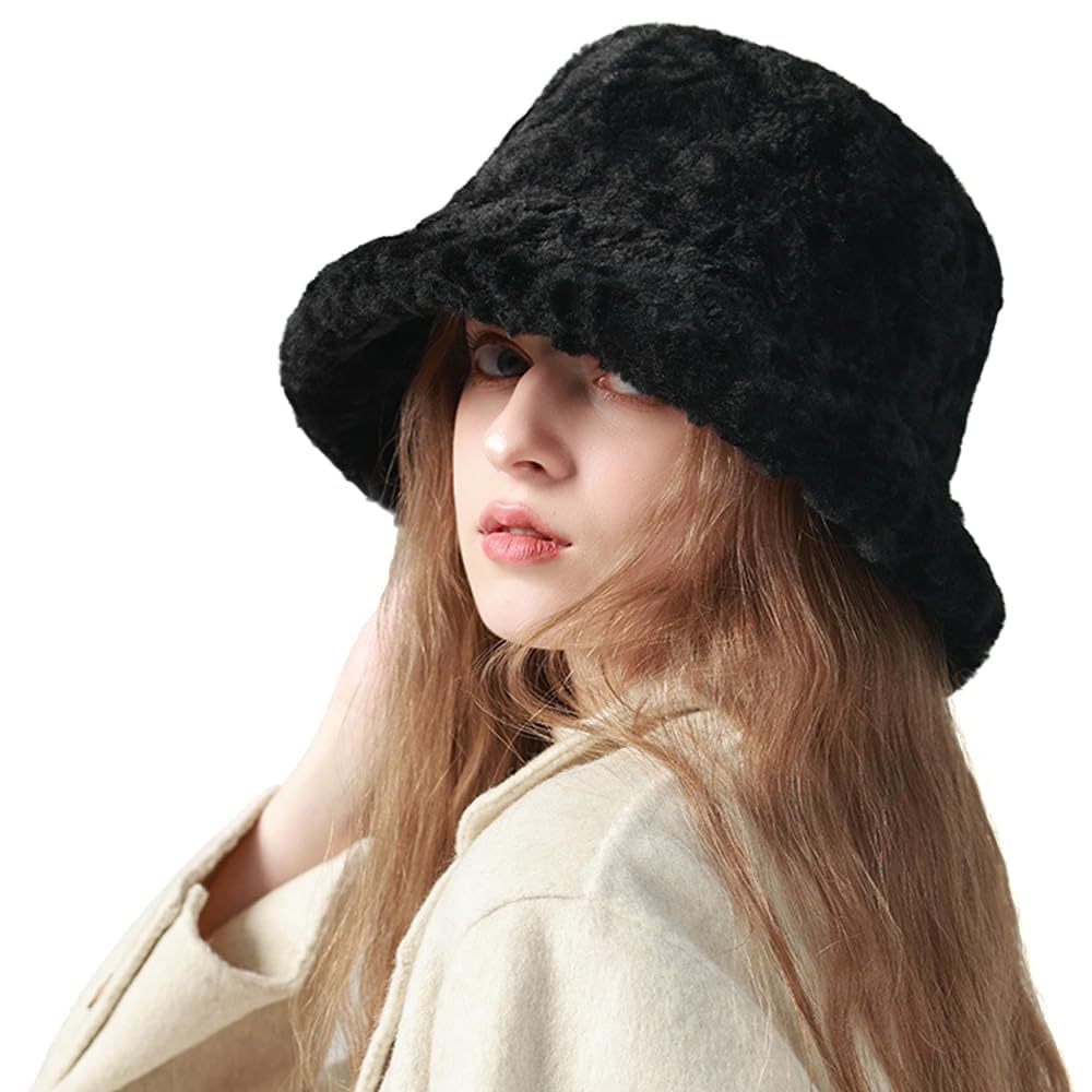 Penkiiy Chapeau Seau D'Hiver Pour Femmes Chapeaux Chauds Unis Mignons En Laine D'Agneau Douce Fausse Fourrure Casquette De Pêcheur Noire