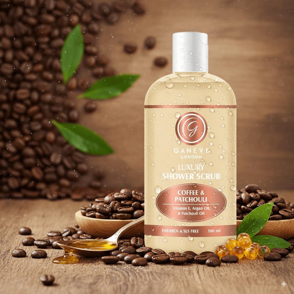 Ganeve London Luxury Shower Scrub Coffee & Patchouli with Vitamin E, Argan Oil & Patchouli Oil, Paraben & SLS Free, 300 ml-image-2