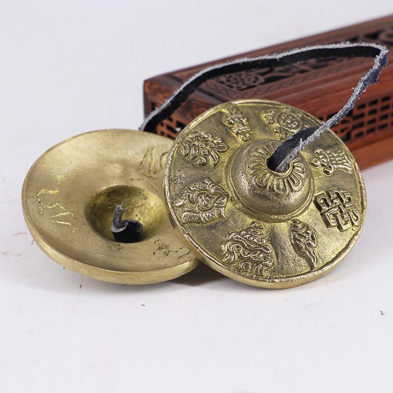 Vokowin Tibetan Tingsha Bell with Bag 2.6in/6.5cm Handcrafted Yoga Bell Meditation Chime Bells Eight Auspicious Symbols for Yoga Movement (K359-1) - Image 3