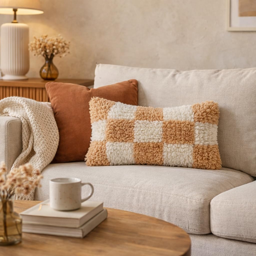 Creative Co-Op Hand-Woven New Zealand Wool and Cotton Shag Lumbar Pillow with Cotton Back, Cream and Tan Color Check