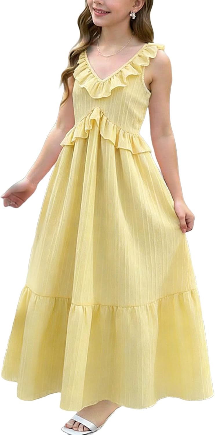 Cute V-Neck Dress for Girl:Fashion Solid Color Flowy Sleeveless Midi Dresses Hiking Boho Beach Outfits
