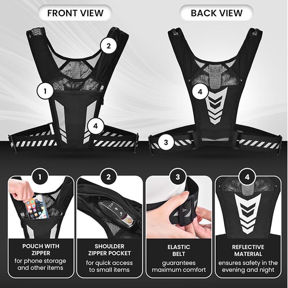 Veste de Running Porte-Téléphone, Zip Reflective Vests Holds 1000ml Water Bottle,Adjustable Waistband & Breathable Materials, Chest Gear for Men/Women, Running Or Cycling