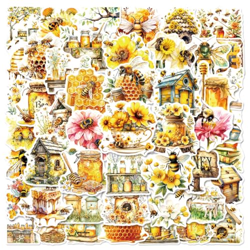 50Pcs Watercolor Bee Stickers Pack Waterproof Vinyl Honey Decals for Water Bottle Laptop Suitcase Skateboard Scrapbook Journal Cute Insect Labels for Kids Teens Girls DIY Decor Party Gift Supplies