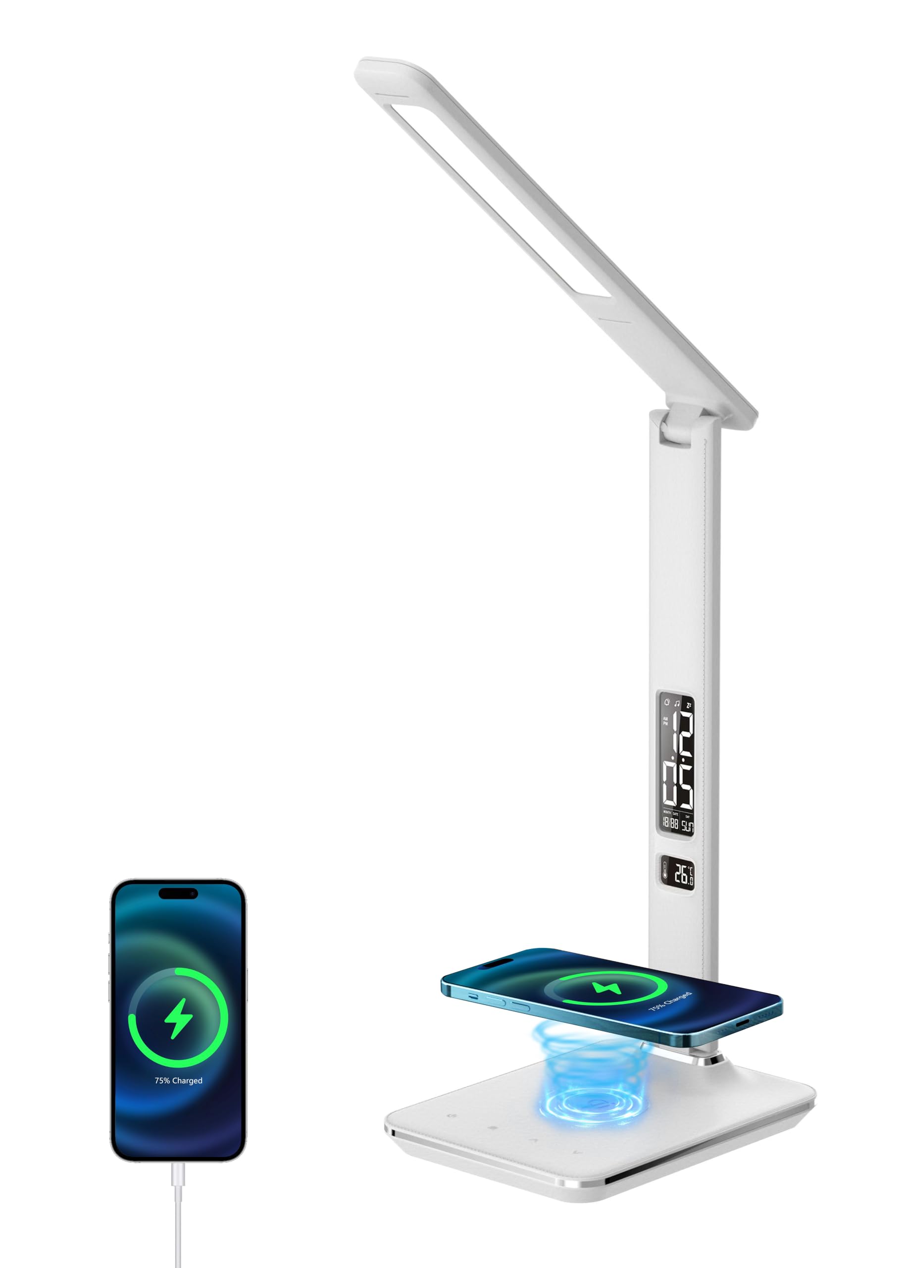 IMMAX KINGFISHER Qi biała lampa stołowa LED z bezprzewodowym ładowaniem Qi i USB
