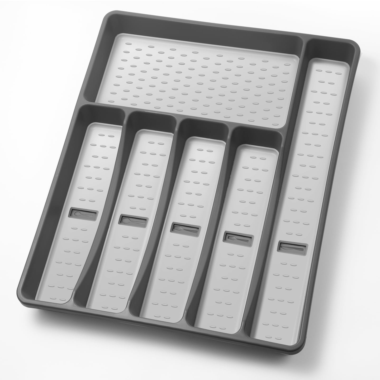 Silverware Organizer with Cutlery Icons，Silverware Tray for Kitchen Drawer，Plastic Flatware Tableware Cultery Drawer Organizer Utensil Organizer with Non-slip TPR Linings，6-Compartment