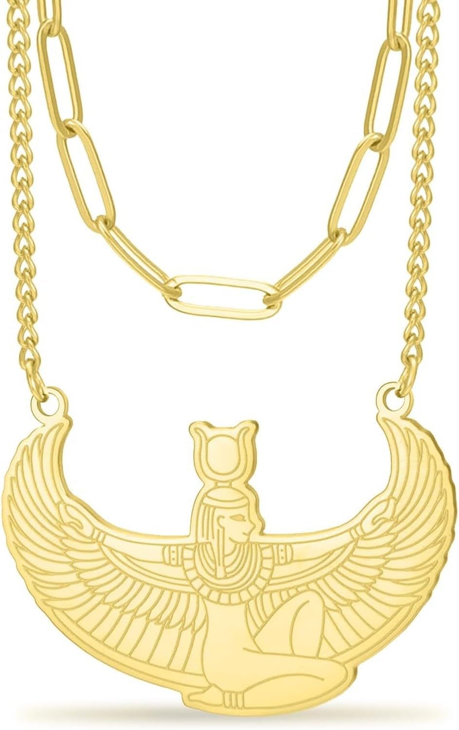 Faozhuo Egyptian Goddess Isis Necklace Winged Deity Pendant for Women Men Stainless Steel Ancient Egypt Greek Protection Amulet Mythology Jewelry, Gold 2