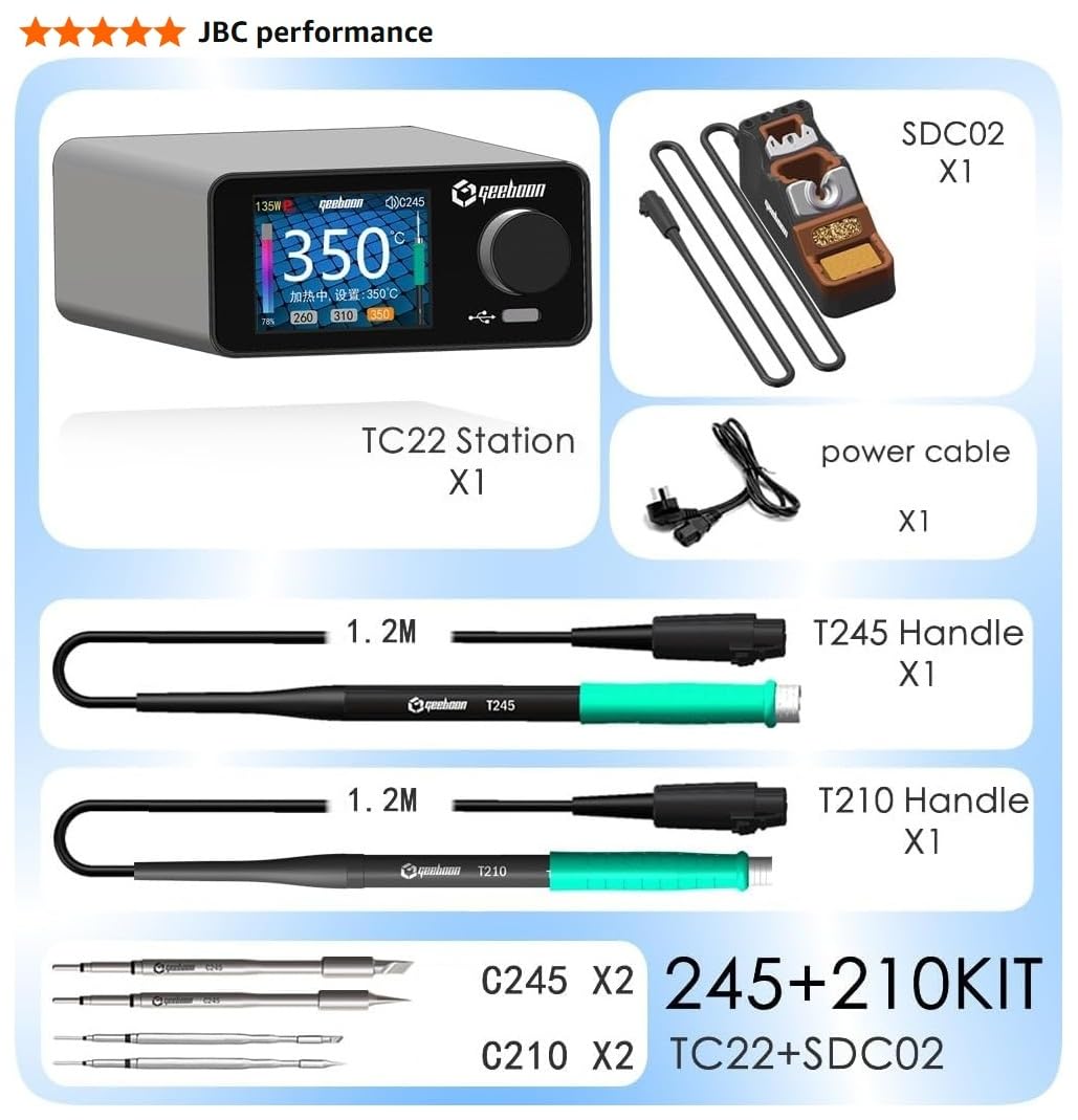 GEEBOON TC22 - Kit de soldador de hierro de 220 W compatible con pantalla curva de color de punta 115/210/245/T12 (T245 y T210, SDC02)