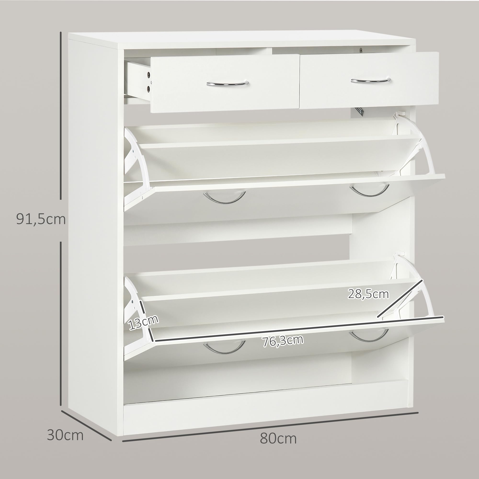 HOMCOM Meuble à Chaussures Armoire à Chaussures 80 x 30 x 91,5 cm Blanc | 2 Tiroirs, 2 Portes Abattantes, Étagère Réglable, Poignées en Aluminium