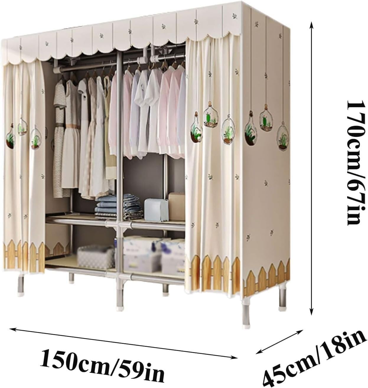 Armadio Portatile in Acciaio salvaspazio for Vestiti, Guardaroba da Appendere, 51in/59in/67in/75in, Armadio Guardaroba Grande(150cm)