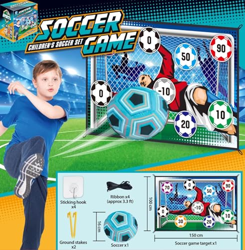 eMart4U Children’s Soccer Set Fun Game Perfect for Indoor or Outdoor Play 8+pcs/Set. 6” Adhesive Soccer Ball, Stakes and Sticking Hooks and Target 60”x40” (Blue)