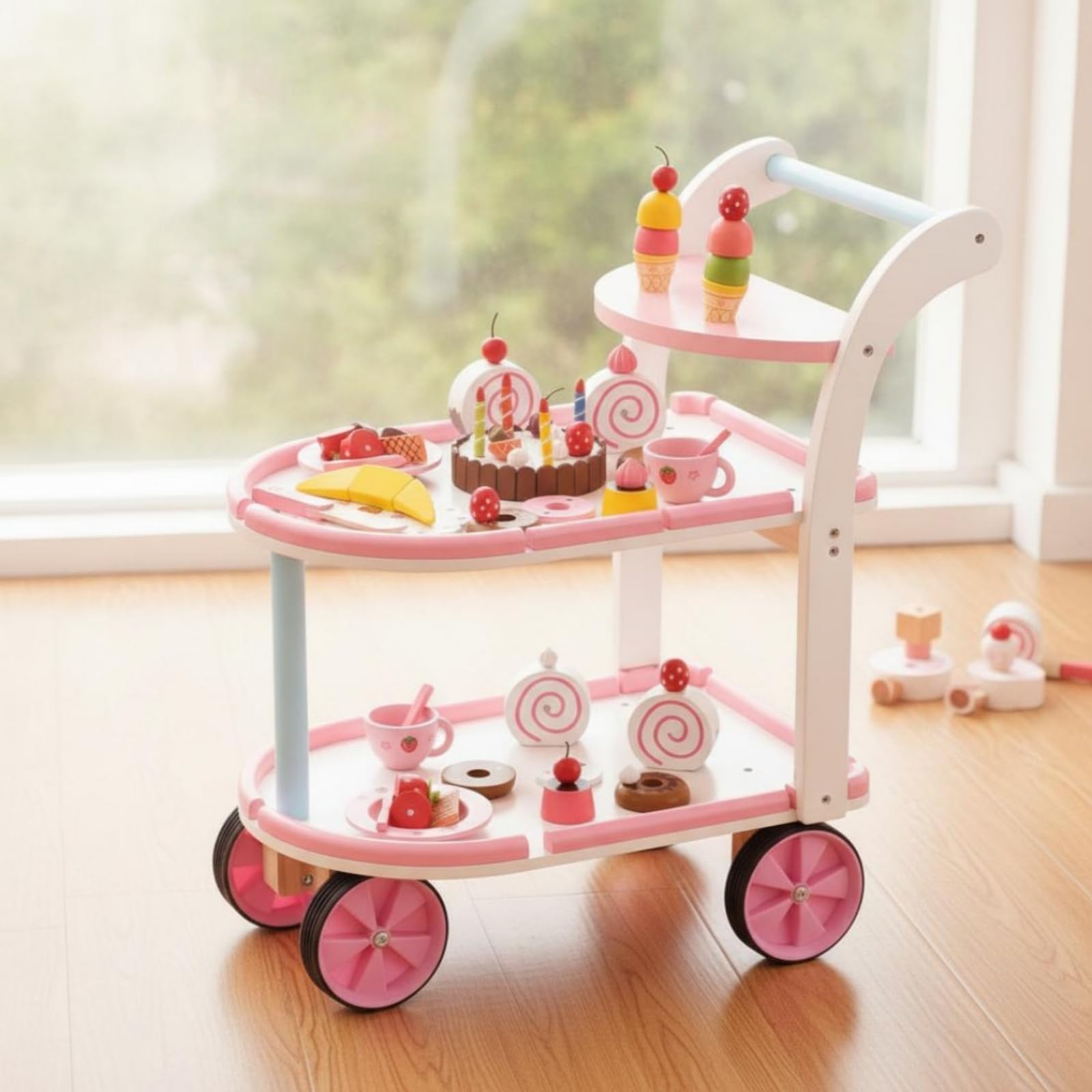Carrello Pasticceria Bambini Giocattolo Cucina Carrello Dessert Banco Ruote Maniglia in Legno Finto Gioco Servizio Dolce con Ripiani Materiale Legno