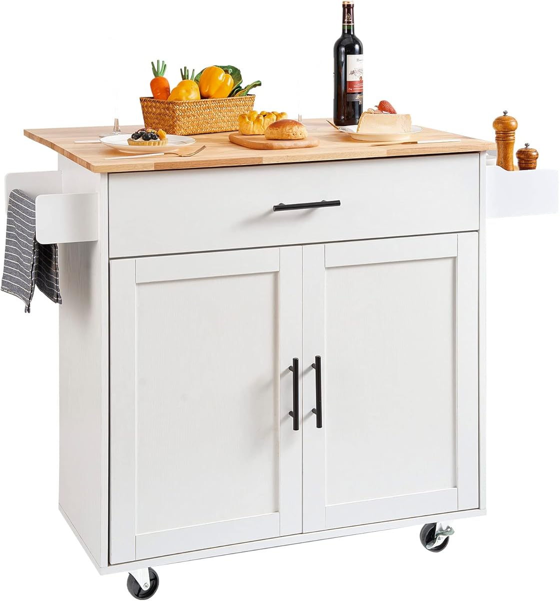 VEVOR Kitchen Island Cart with Solid Wood Top, 35.4" Width Mobile Carts with Storage Cabinet, Rolling Kitchen Table with Spice Rack, Towel Rack, Drop Leaf and Drawer, Portable Islands on Wheels, White