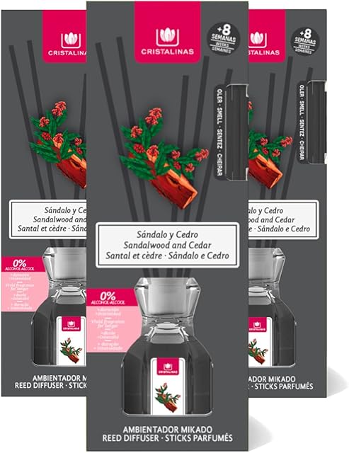 CRISTALINAS Air Freshener, Reed Diffuser, 40ml / 8 Weeks, 0% Alcohol, Sandalwood & Cedar, Pack of 3