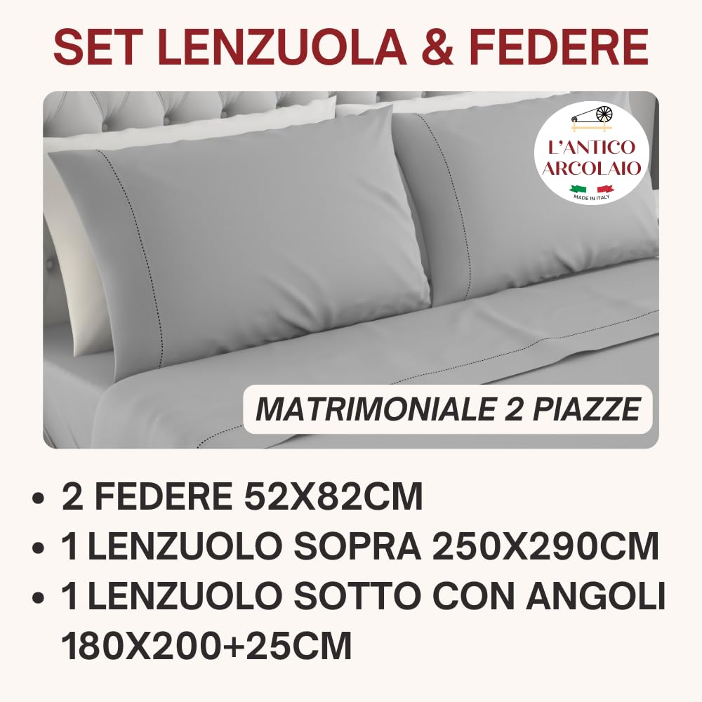 L'ANTICO ARCOLAIO - Completo Lenzuola Matrimoniali 100% Cotone Italiano, Set Anallergico e Antiacaro, Federe Cuscini Incluse, Qualità e Manifattura Made in Italy Certificata (Grigio)