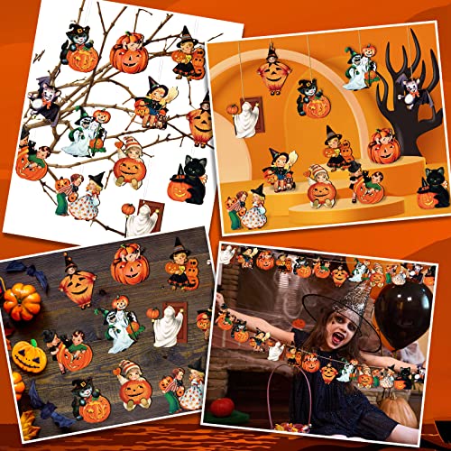 Image of Geelin 24 Pcs Vintage Halloween Wooden Ornaments | Pumpkin Witch Ghost Black Cat Wood Cutout, Retro Halloween Decorations, for Tree Home Mantel Wreath Party Decor
