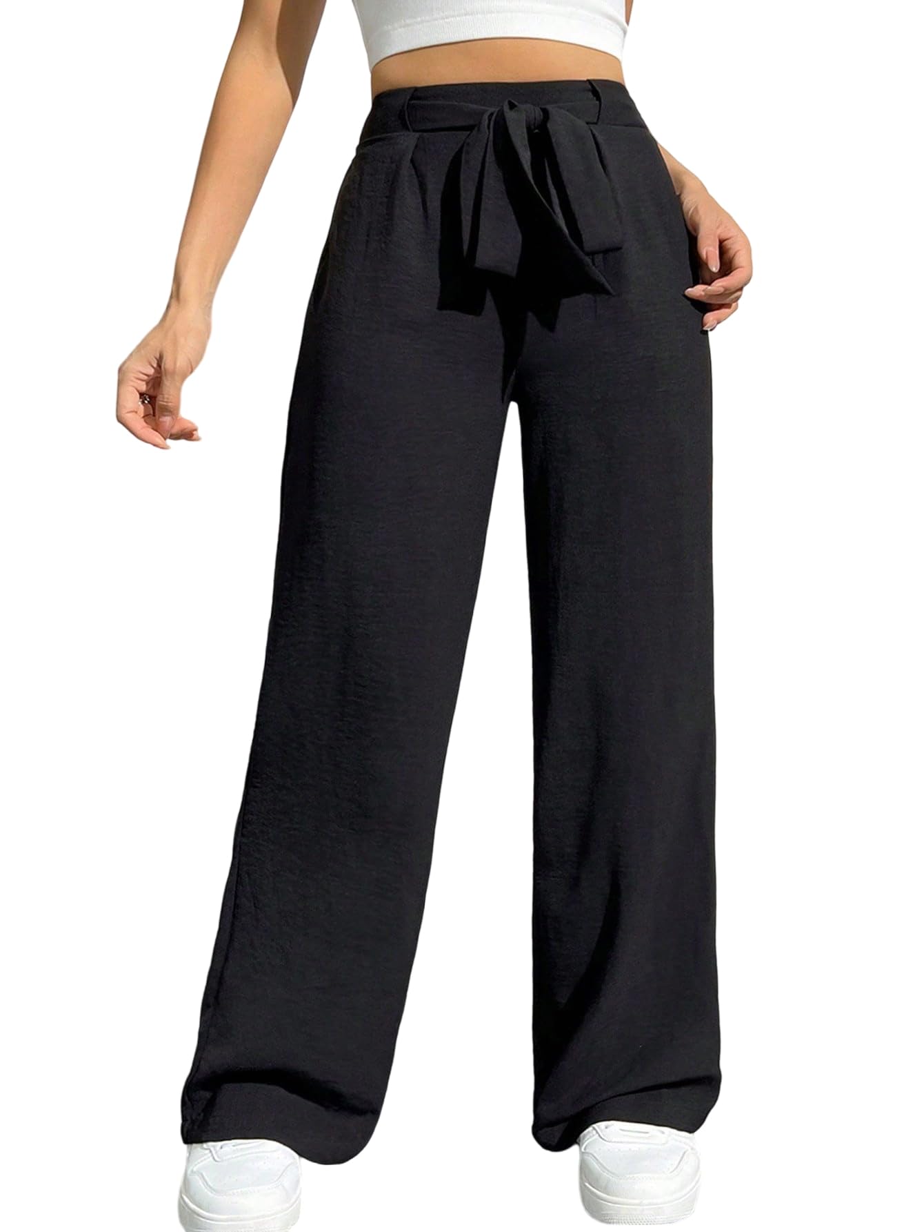 Floerns Womens Petite Soft Elastic High Waisted Wide Leg Pants Tie Front Belted Casual Loose Trousers Fall Fashion