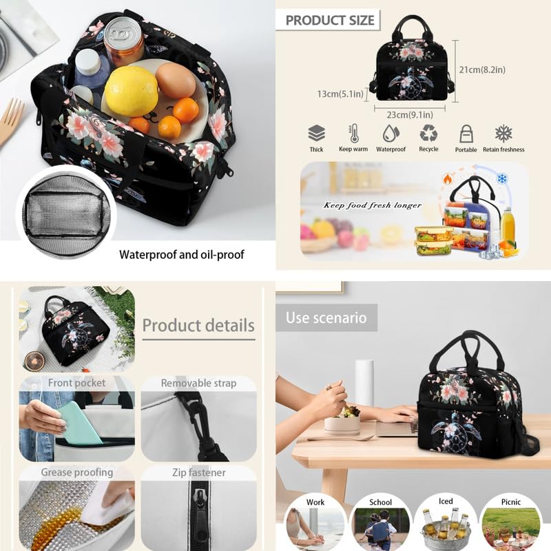 Cartoon Sea Turtle Pink Floral 3 Pcs Shoulder Lunch Bag and Pen Case Bag Set Tribal Ocean Animal Cherry Blossom Travel Backpack 17 Inch Student Backpack Bookbags Set, Black3