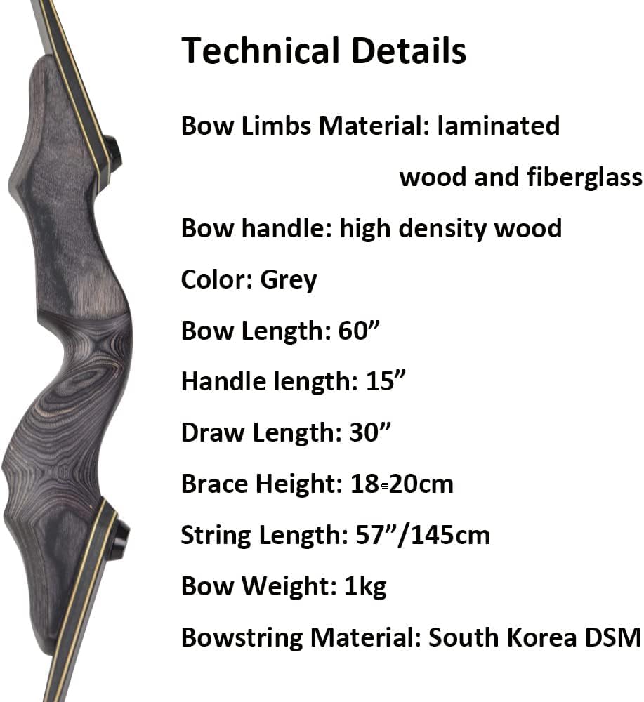 AMEYXGS Tiro con l'arco 60" Takedown Arco Ricurvo e Freccia Set Riser in Legno 25-60 libbre Arco da Caccia Tradizionale Longbow Arco per Adulti da Caccia all'aperto Mano Sinistra