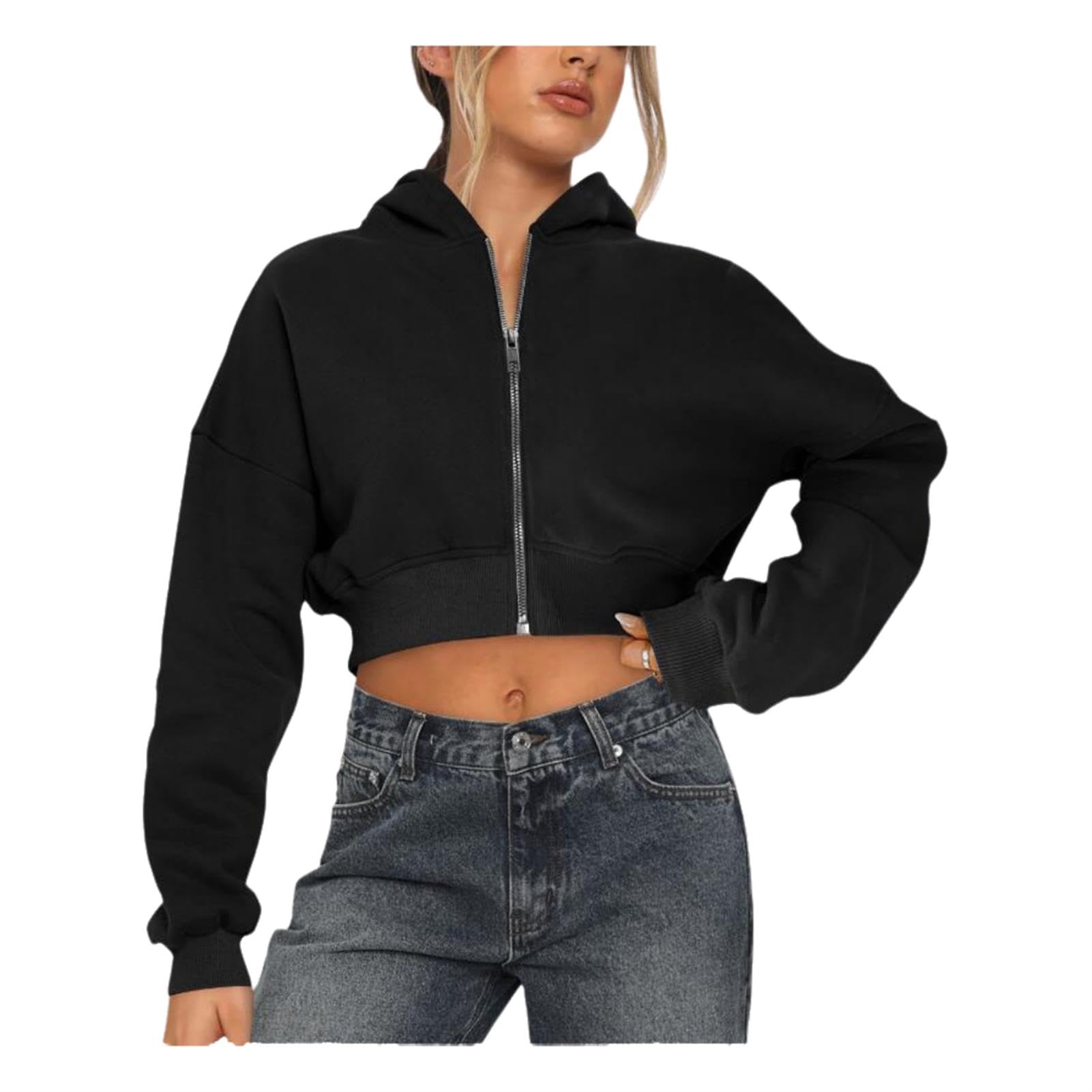 Zip Up Cropped Sudadera de Las Mujeres Manga Larga Color sólido Suelto Cuello Redondo Escotado Jersey con Capucha Chaqueta de Ropa Exterior,Negro,M